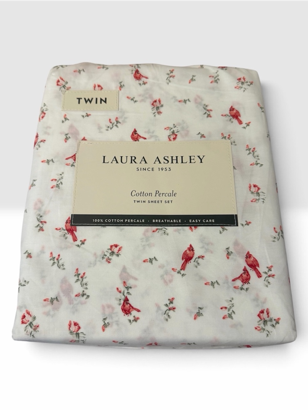 Laura Ashley RED CARDINAL Birds  Sheet Set TWIN ~ NEW Cotton Percale